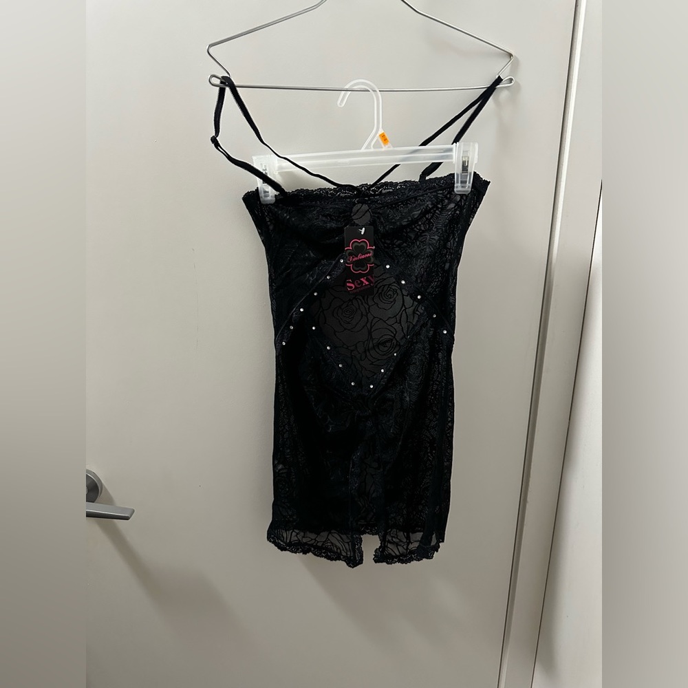 Black Lace Lingerie Dress with Cut-Out & Rhinestone Detail – Size xs